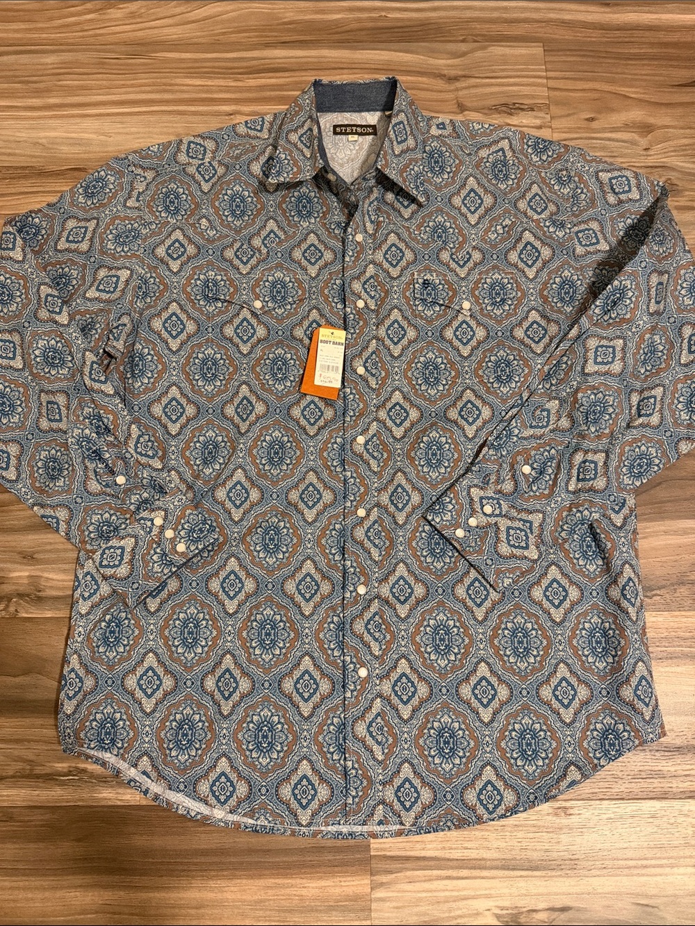 Stetson Shirt Mens XL Geometric Blue Brown Western Pearl Snap L/S Flip Cuff NWT